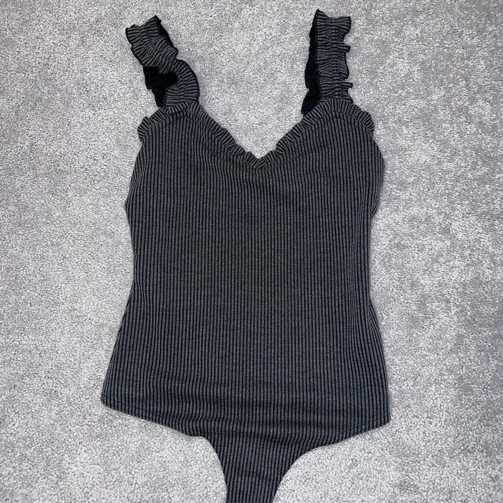 Pink Lily Gray Ribbed Ruffle Bodysuit